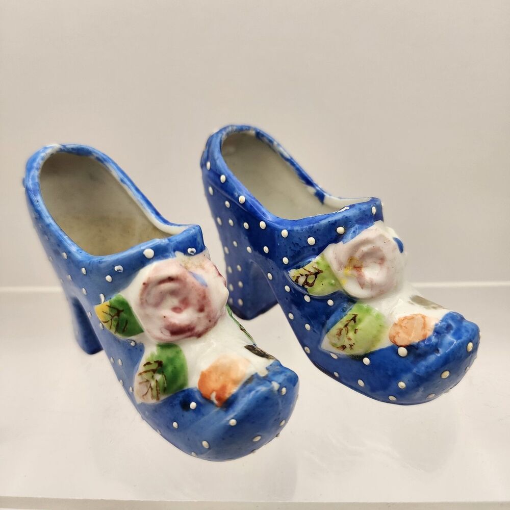 VTG Pair Of Ceramic Blue Polka Dot High Heels Made In Japan 2.25" High